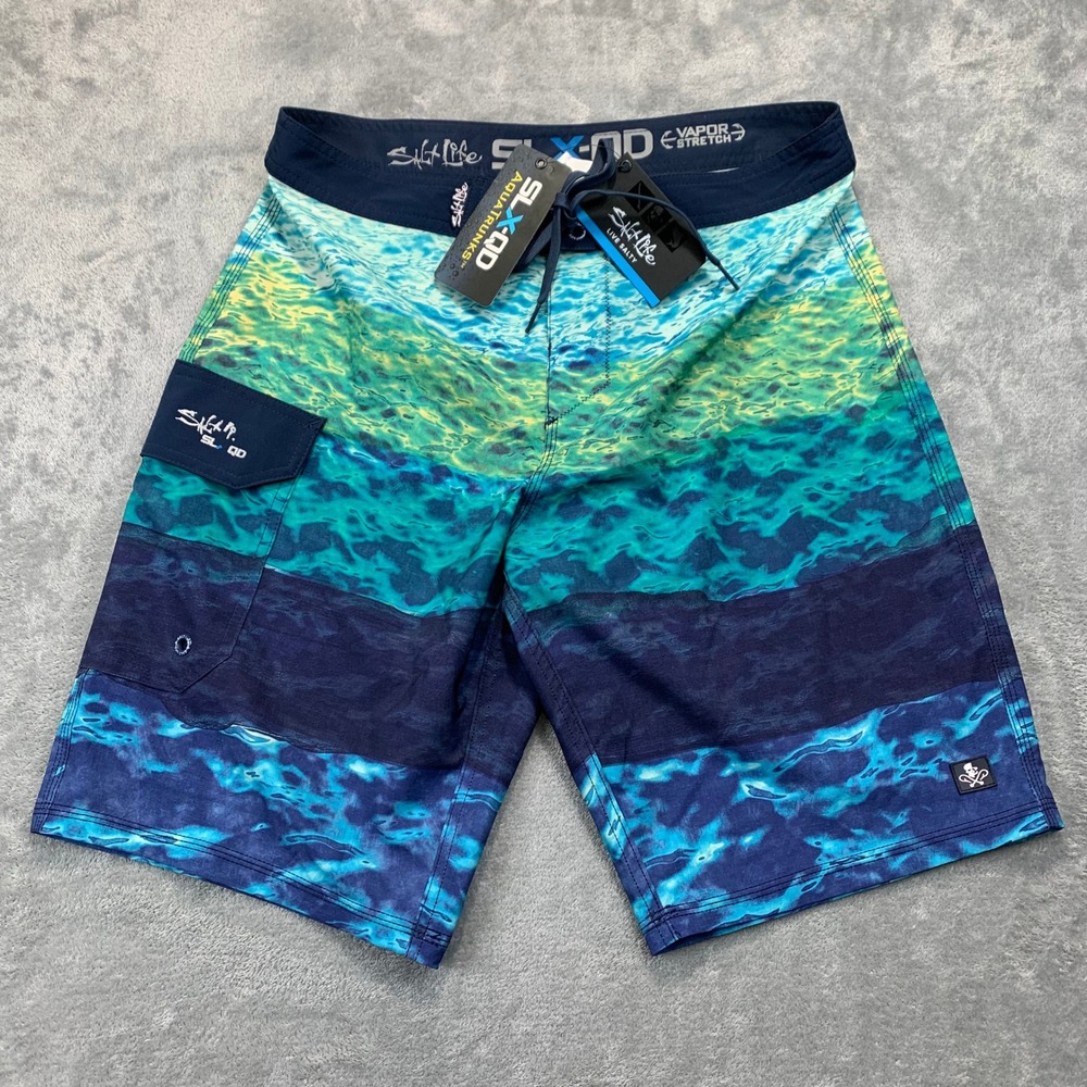 Salt Life Swim Shorts Ocean Wave Aqua Print Casual Swimwear Beach Shorts Size 30